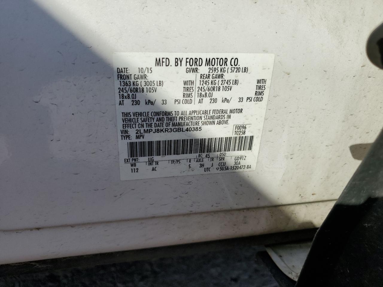 2016 Lincoln Mkx Select VIN: 2LMPJ8KR3GBL40385 Lot: 67928685