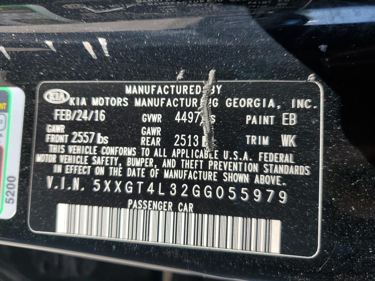 2016 Kia Optima Lx VIN: 5XXGT4L32GG055979 Lot: 68335385