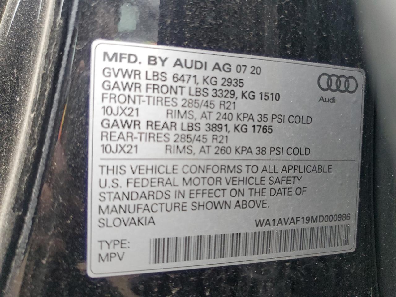 2021 Audi Q8 Premium VIN: WA1AVAF19MD000986 Lot: 68440165