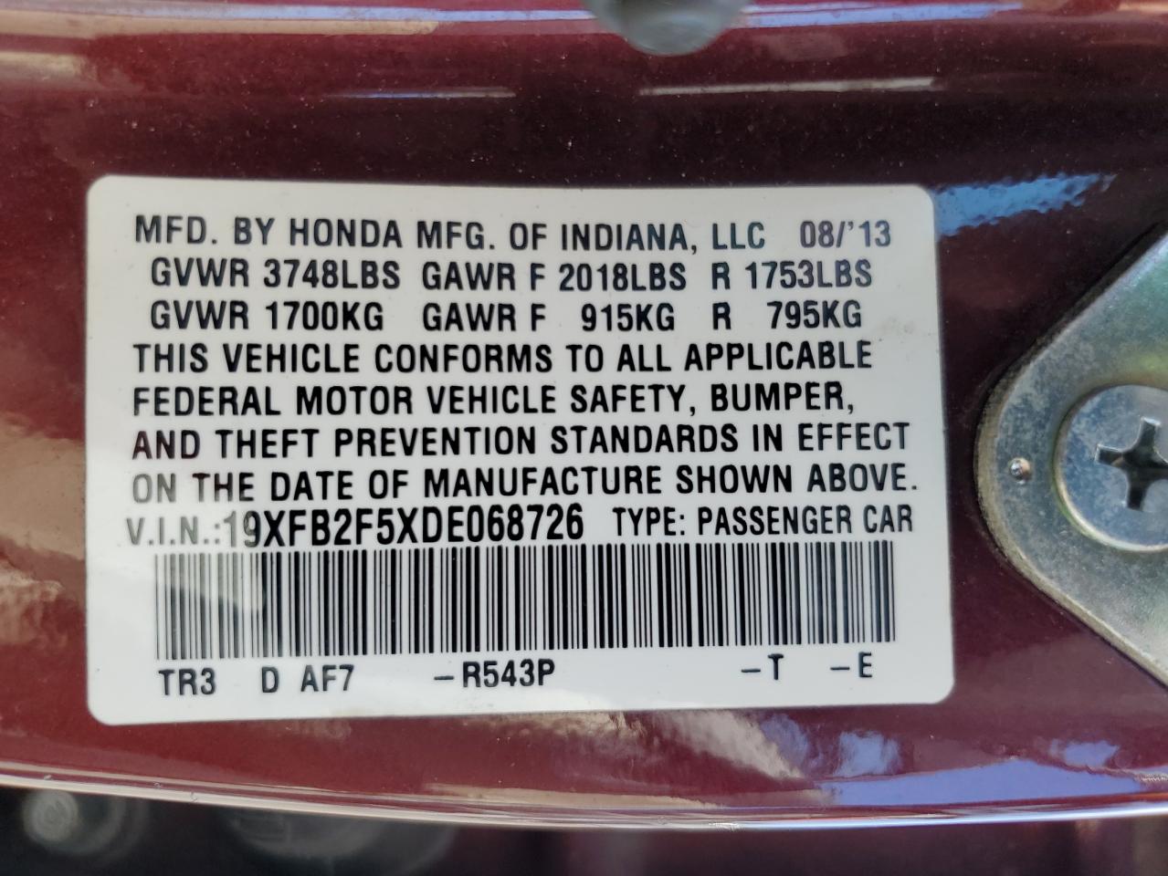 2013 Honda Civic Lx VIN: 19XFB2F5XDE068726 Lot: 69550125