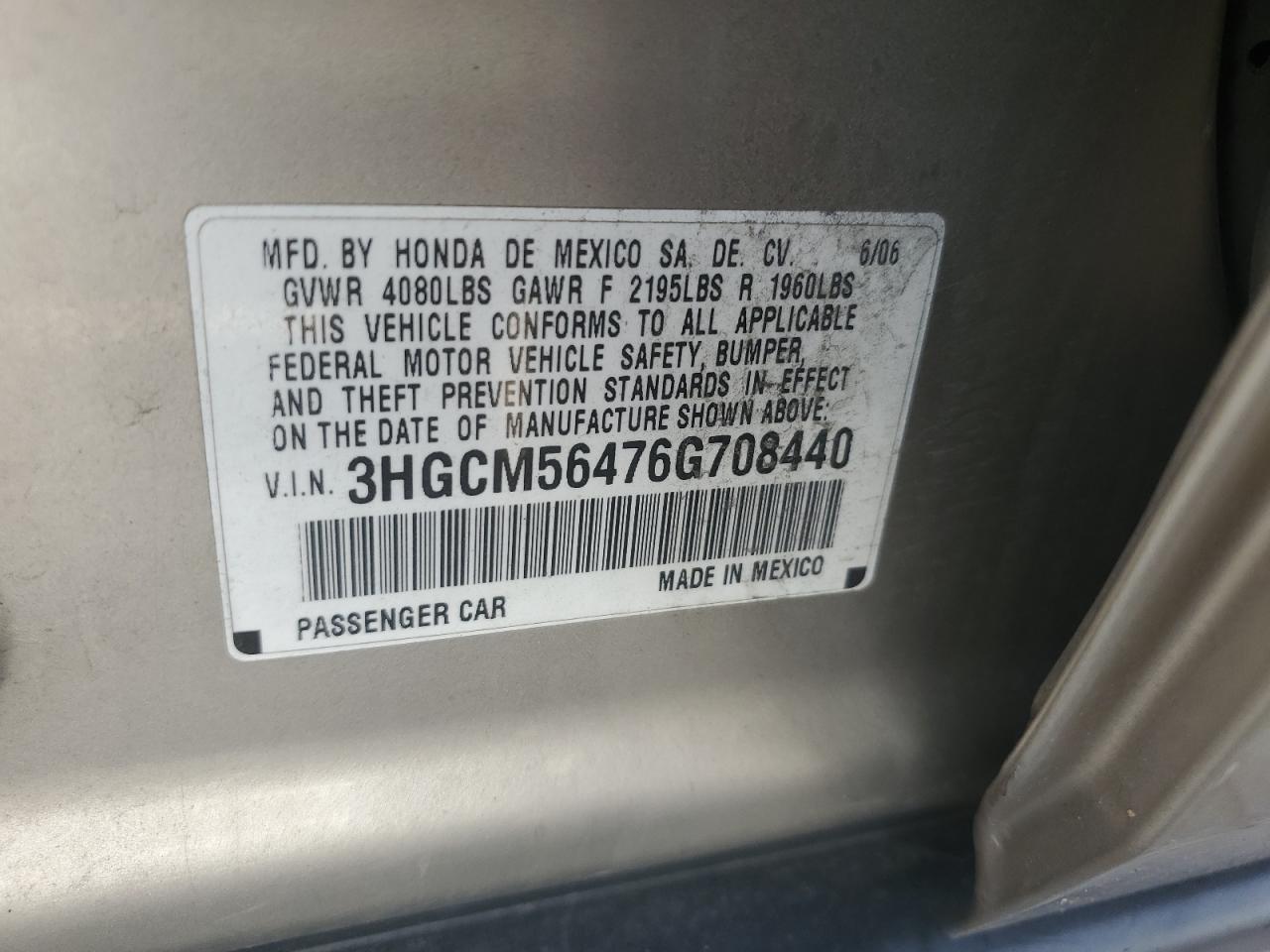 2006 Honda Accord Lx VIN: 3HGCM56476G708440 Lot: 67549045