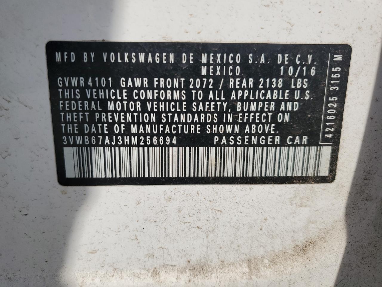 2017 Volkswagen Jetta Se VIN: 3VWB67AJ3HM256694 Lot: 70255385