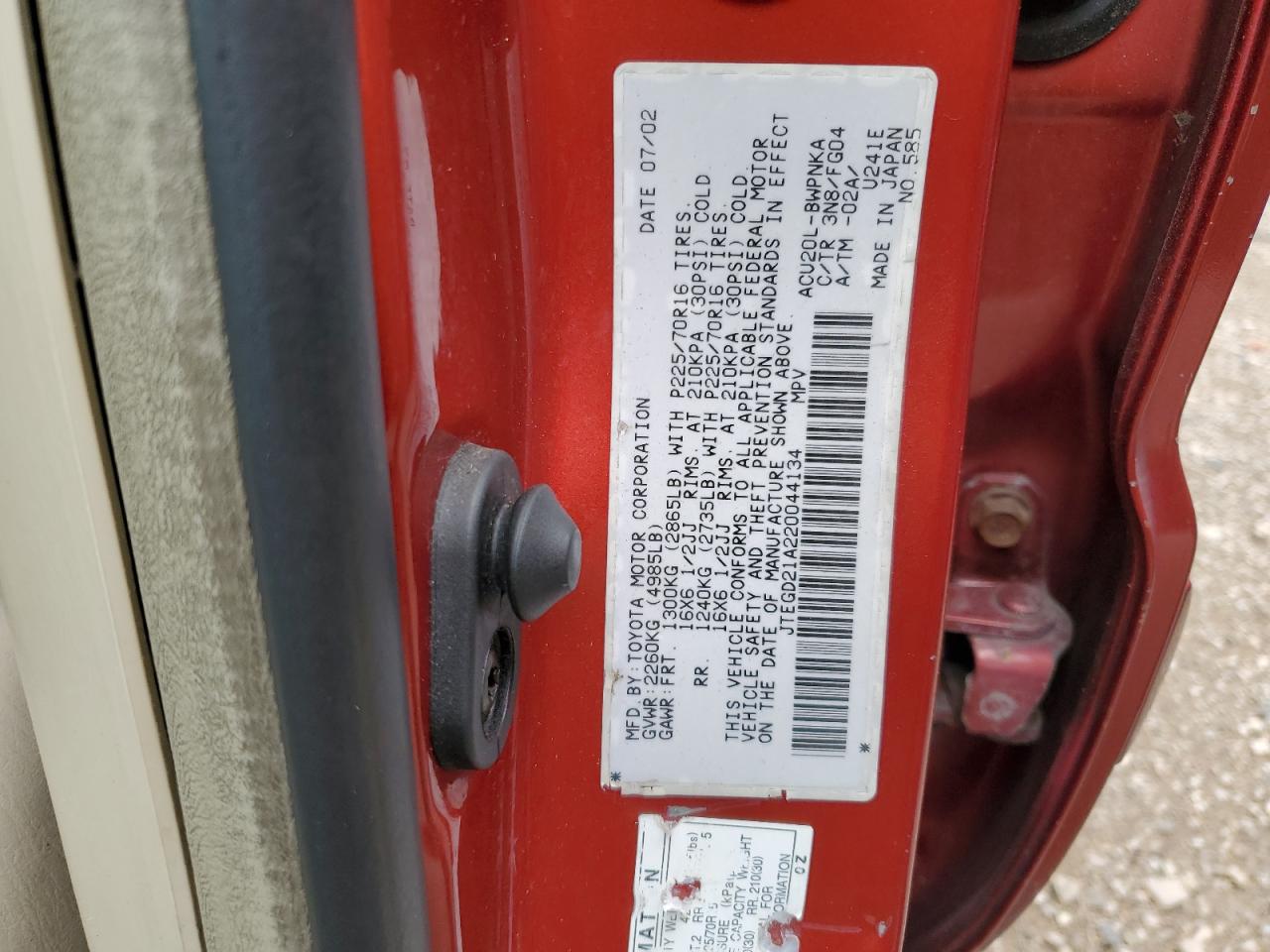 2002 Toyota Highlander VIN: JTEGD21A220044134 Lot: 68753545