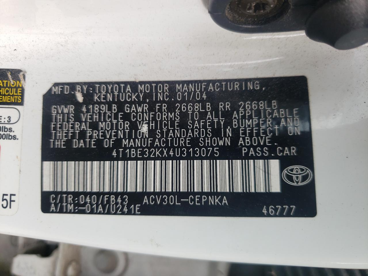 2004 Toyota Camry Le VIN: 4T1BE32KX4U313075 Lot: 68613745