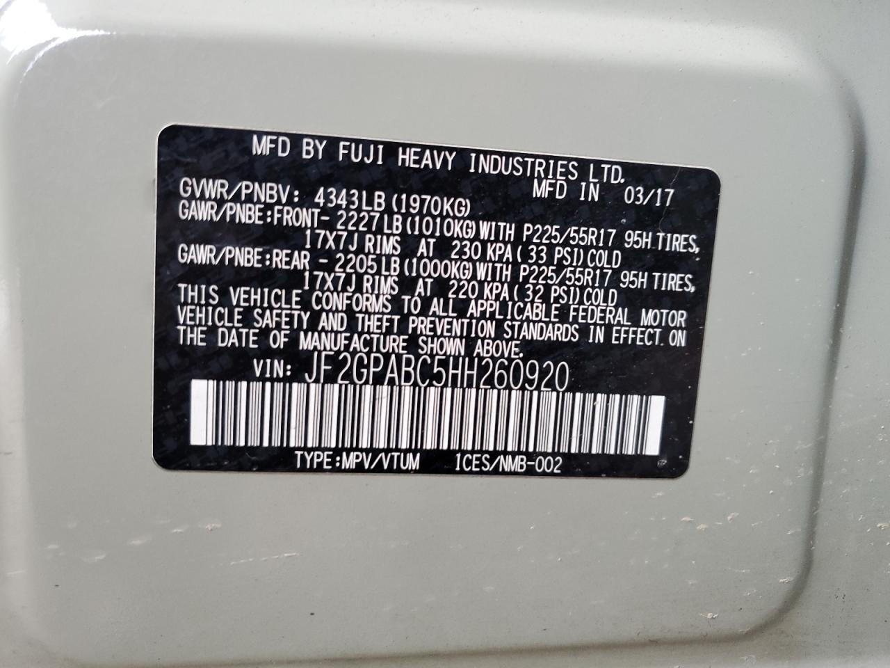 2017 Subaru Crosstrek Premium VIN: JF2GPABC5HH260920 Lot: 69604585