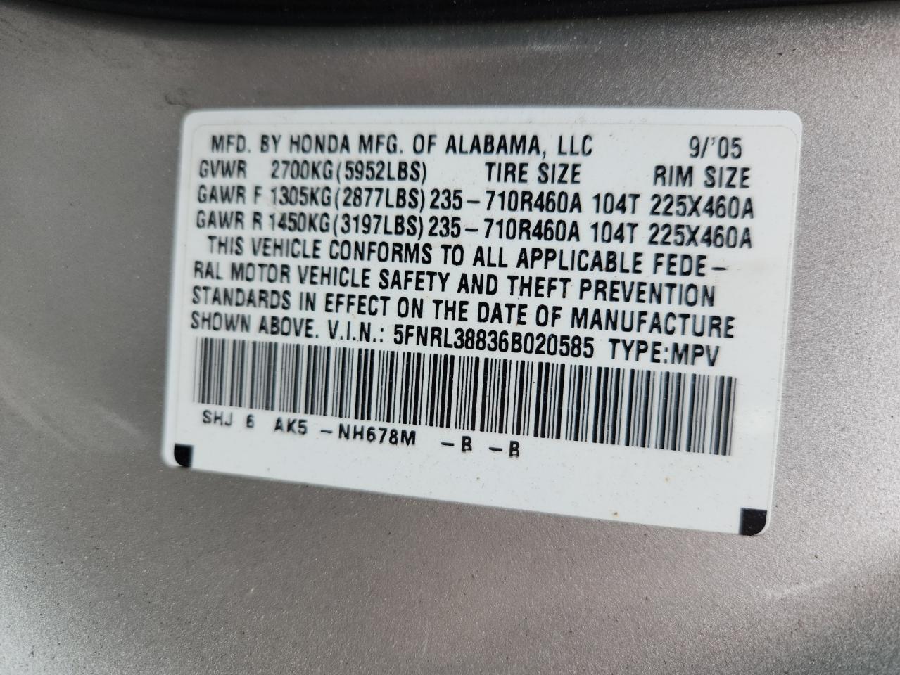 2006 Honda Odyssey Touring VIN: 5FNRL38836B020585 Lot: 69623335