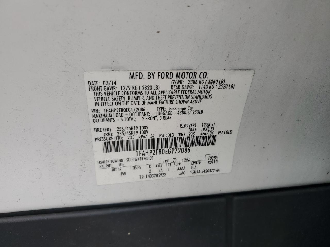 2014 Ford Taurus Limited VIN: 1FAHP2F80EG172086 Lot: 68422665