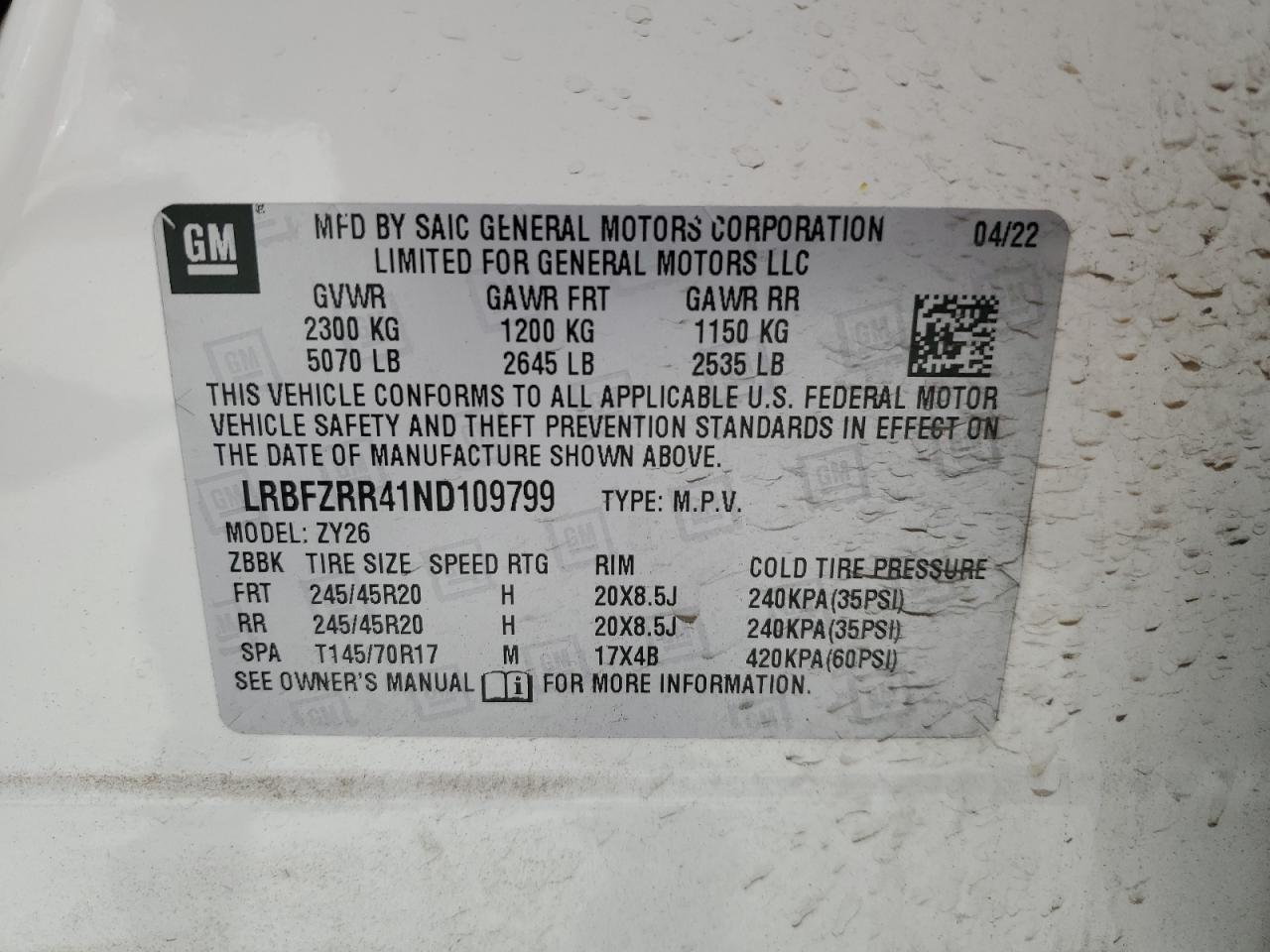 2022 Buick Envision Avenir VIN: LRBFZRR41ND109799 Lot: 69625155