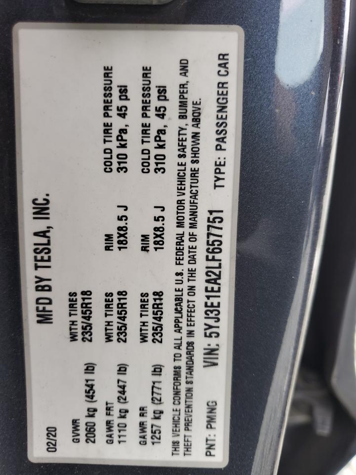 5YJ3E1EA2LF657751 2020 Tesla Model 3