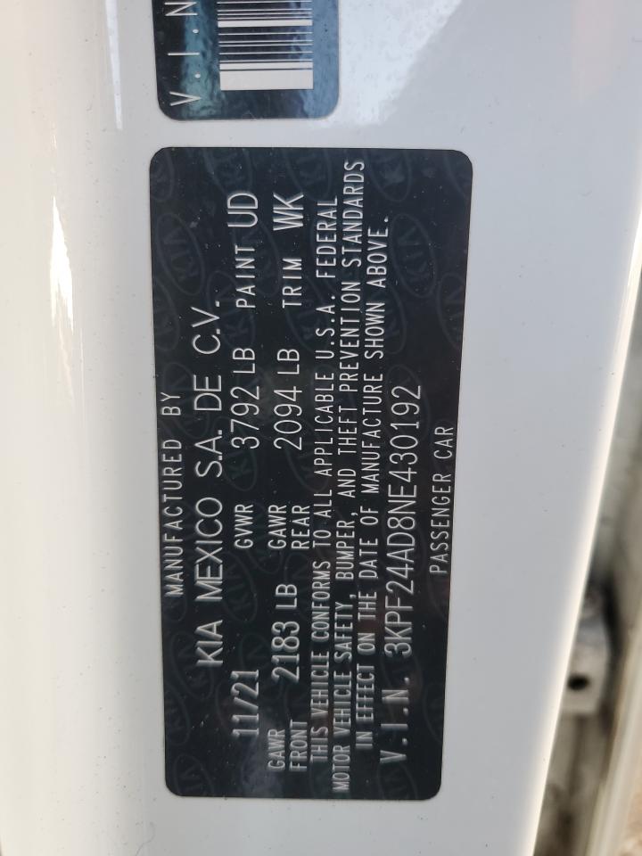 2022 Kia Forte Fe VIN: 3KPF24AD8NE430192 Lot: 68963825