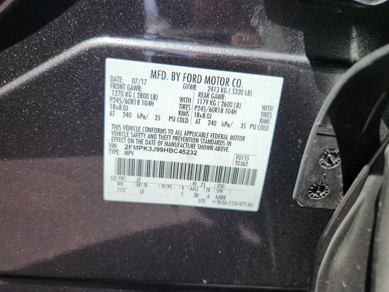 2017 Ford Edge Sel VIN: 2FMPK3J99HBC45232 Lot: 66933185