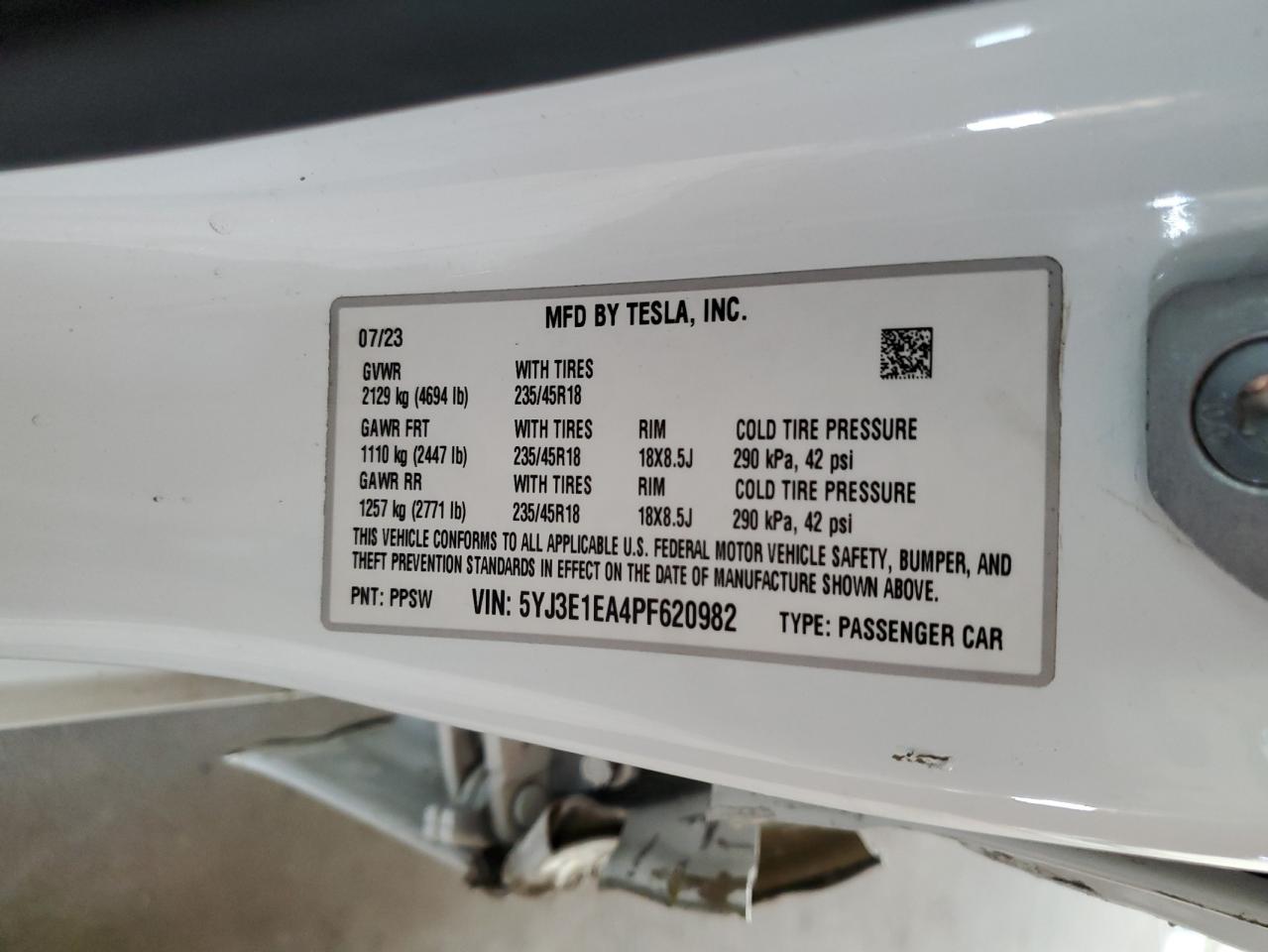 2023 Tesla Model 3 VIN: 5YJ3E1EA4PF620982 Lot: 70470105