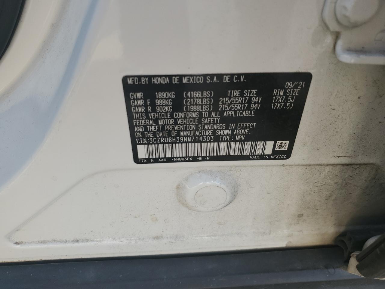 2022 Honda Hr-V Lx VIN: 3CZRU6H39NM714303 Lot: 69222525