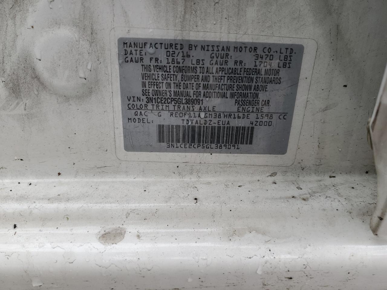 2016 Nissan Versa Note S VIN: 3N1CE2CP5GL389091 Lot: 70631685