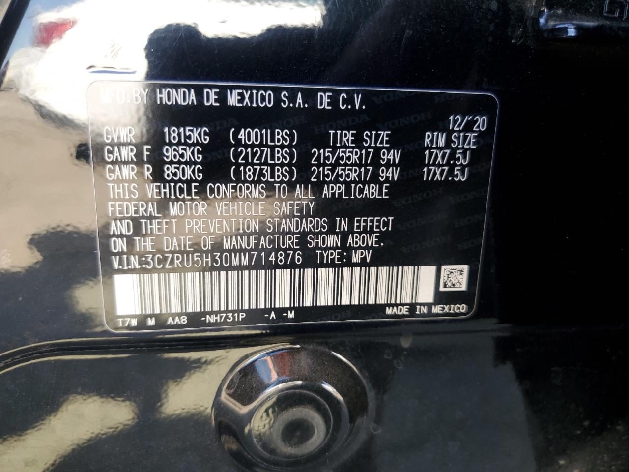 2021 Honda Hr-V Lx VIN: 3CZRU5H30MM714876 Lot: 70723315