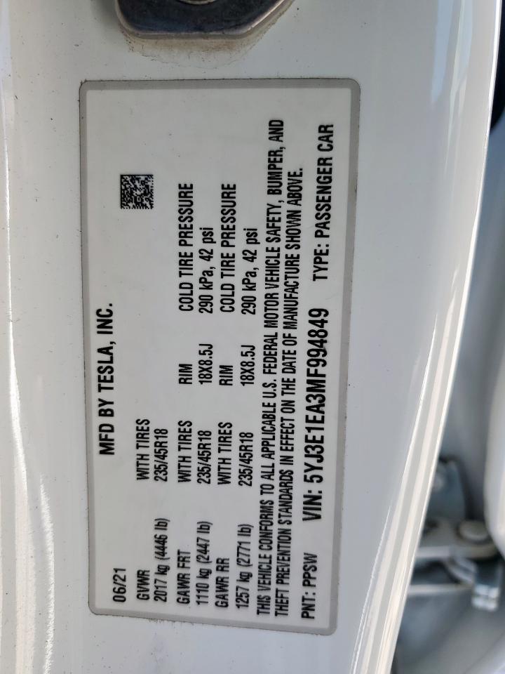2021 Tesla Model 3 VIN: 5YJ3E1EA3MF994849 Lot: 68954845