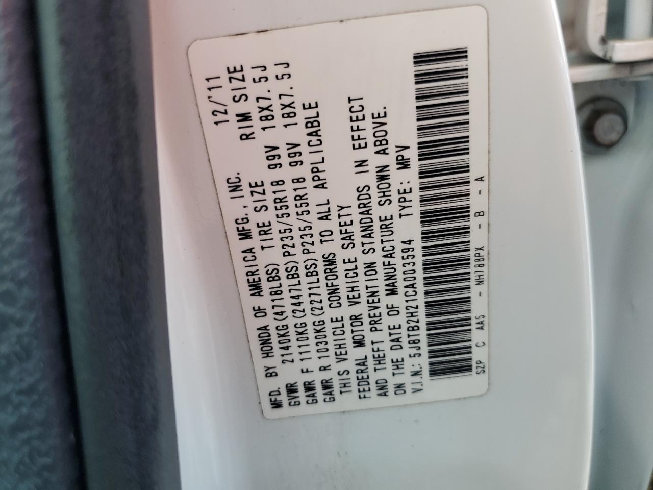 2012 Acura Rdx VIN: 5J8TB2H21CA003594 Lot: 67826595