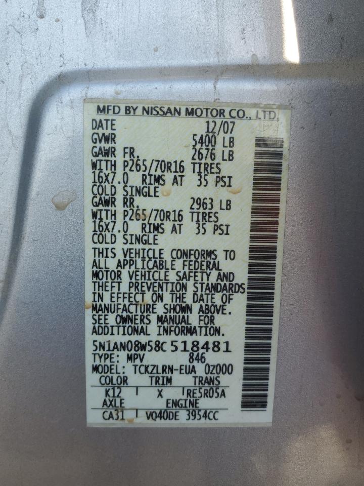 2008 Nissan Xterra Off Road VIN: 5N1AN08W58C518481 Lot: 68385035