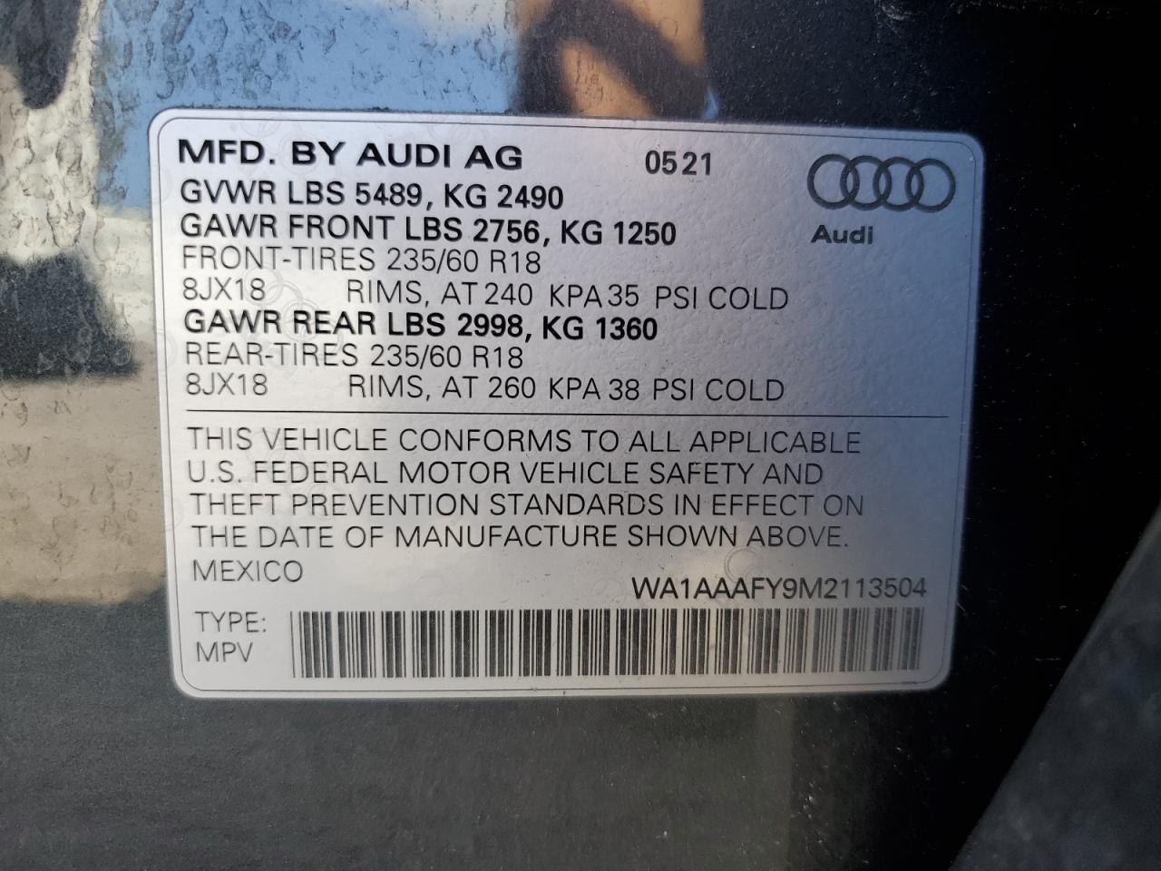 2021 Audi Q5 Premium VIN: WA1AAAFY9M2113504 Lot: 70294415