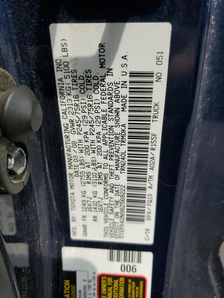 2008 Toyota Tacoma VIN: 5TEPX42N98Z568222 Lot: 68598325