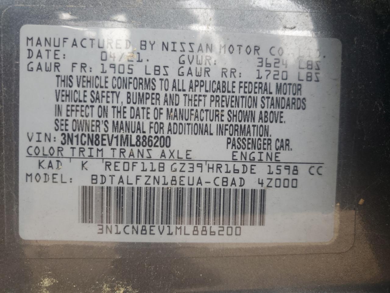 2021 Nissan Versa Sv VIN: 3N1CN8EV1ML886200 Lot: 71408155