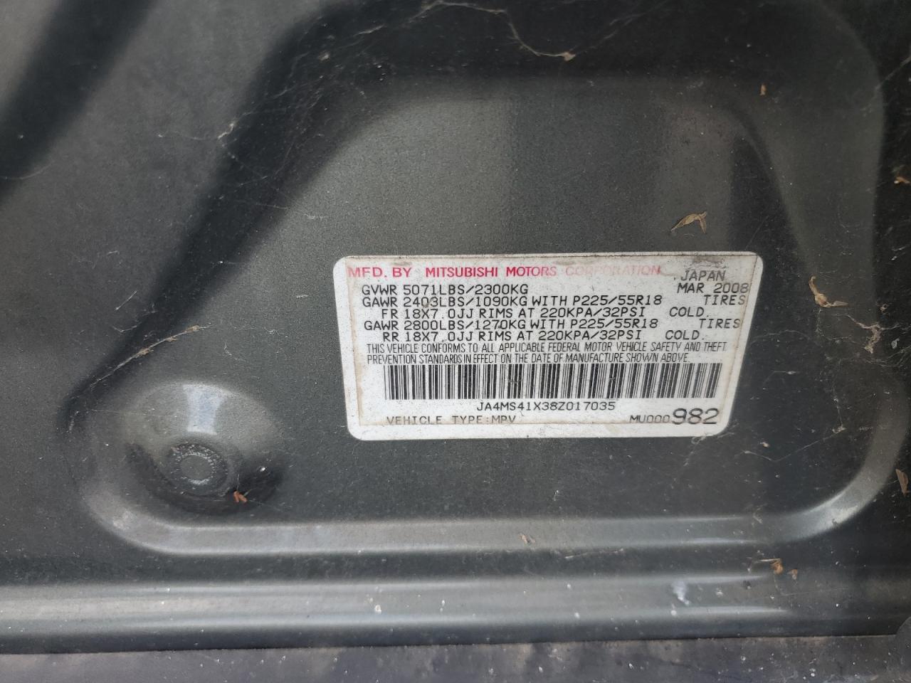 2008 Mitsubishi Outlander Xls VIN: JA4MS41X38Z017035 Lot: 68134265