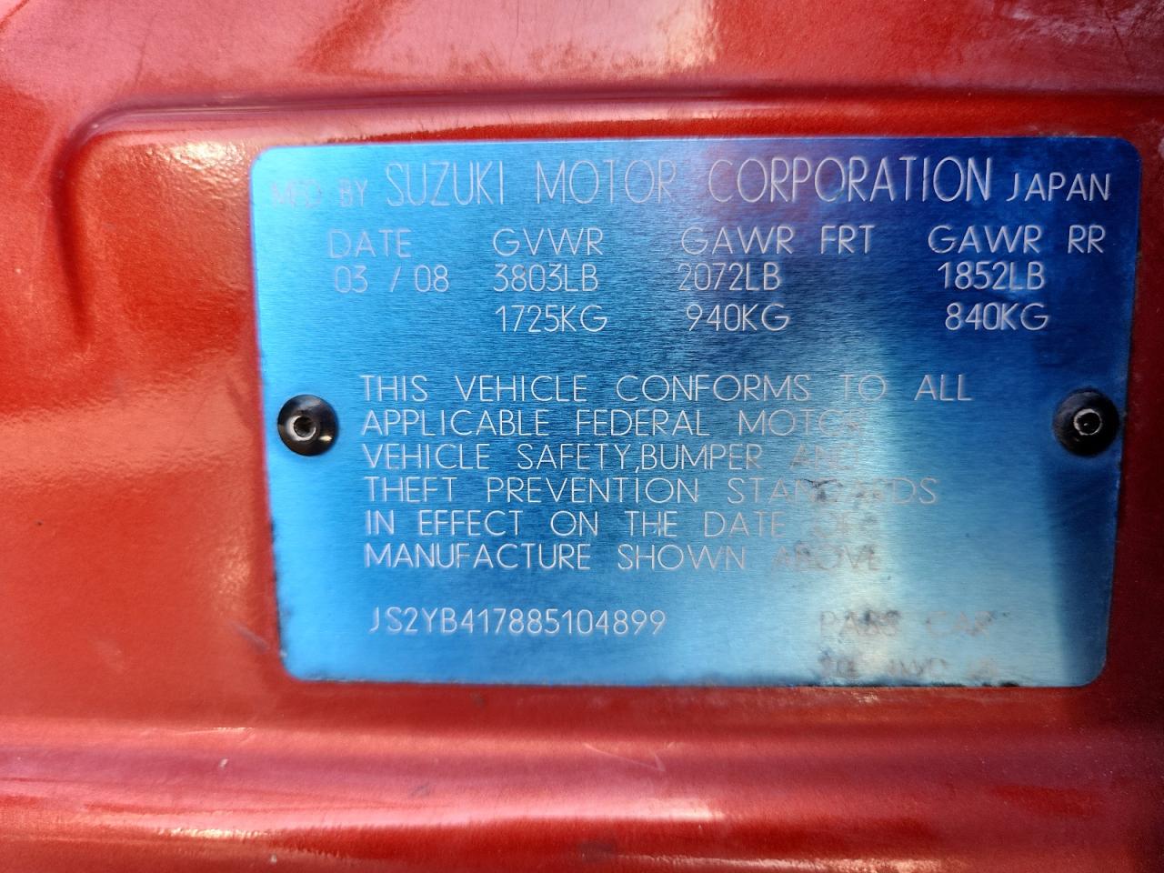 2008 Suzuki Sx4 Touring VIN: JS2YB417885104899 Lot: 70289355
