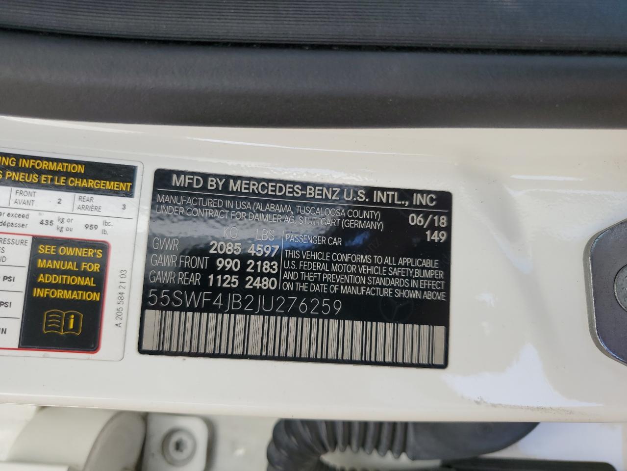 2018 Mercedes-Benz C 300 VIN: 55SWF4JB2JU276259 Lot: 69041435