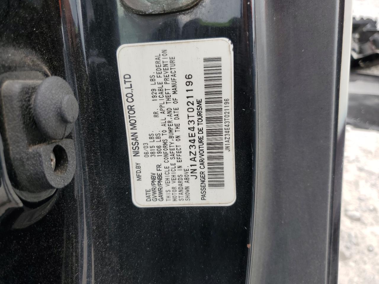 2003 Nissan 350Z Coupe VIN: JN1AZ34E43T021196 Lot: 69951655