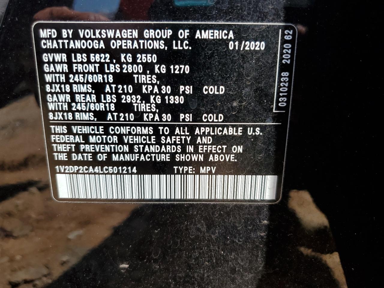 2020 Volkswagen Atlas Se VIN: 1V2DP2CA4LC501214 Lot: 69246175