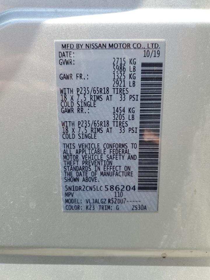 2020 Nissan Pathfinder Sl VIN: 5N1DR2CN5LC586204 Lot: 69424855