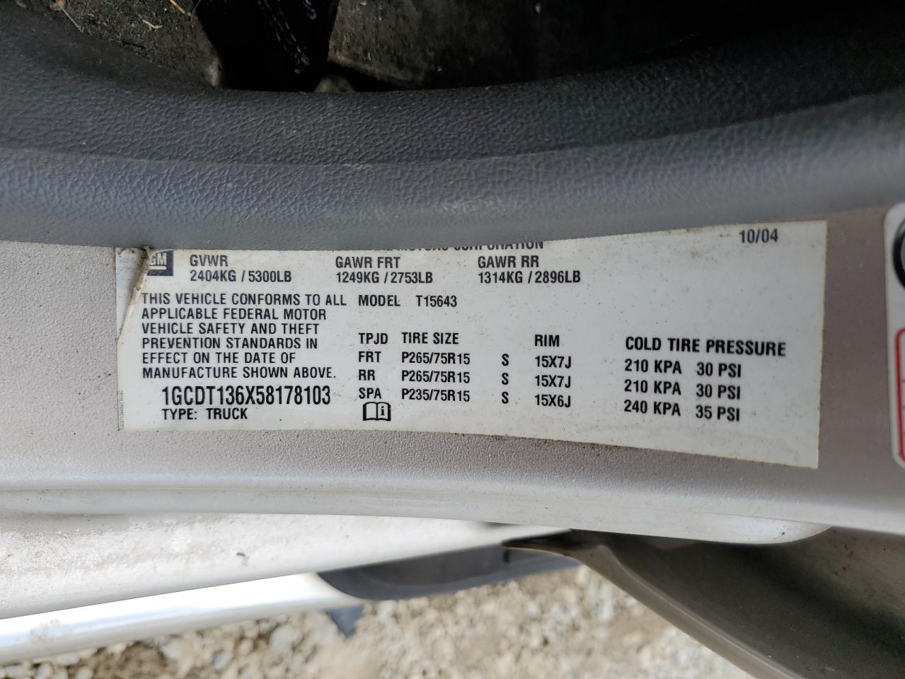 2005 Chevrolet Colorado VIN: 1GCDT136X58178103 Lot: 66728865