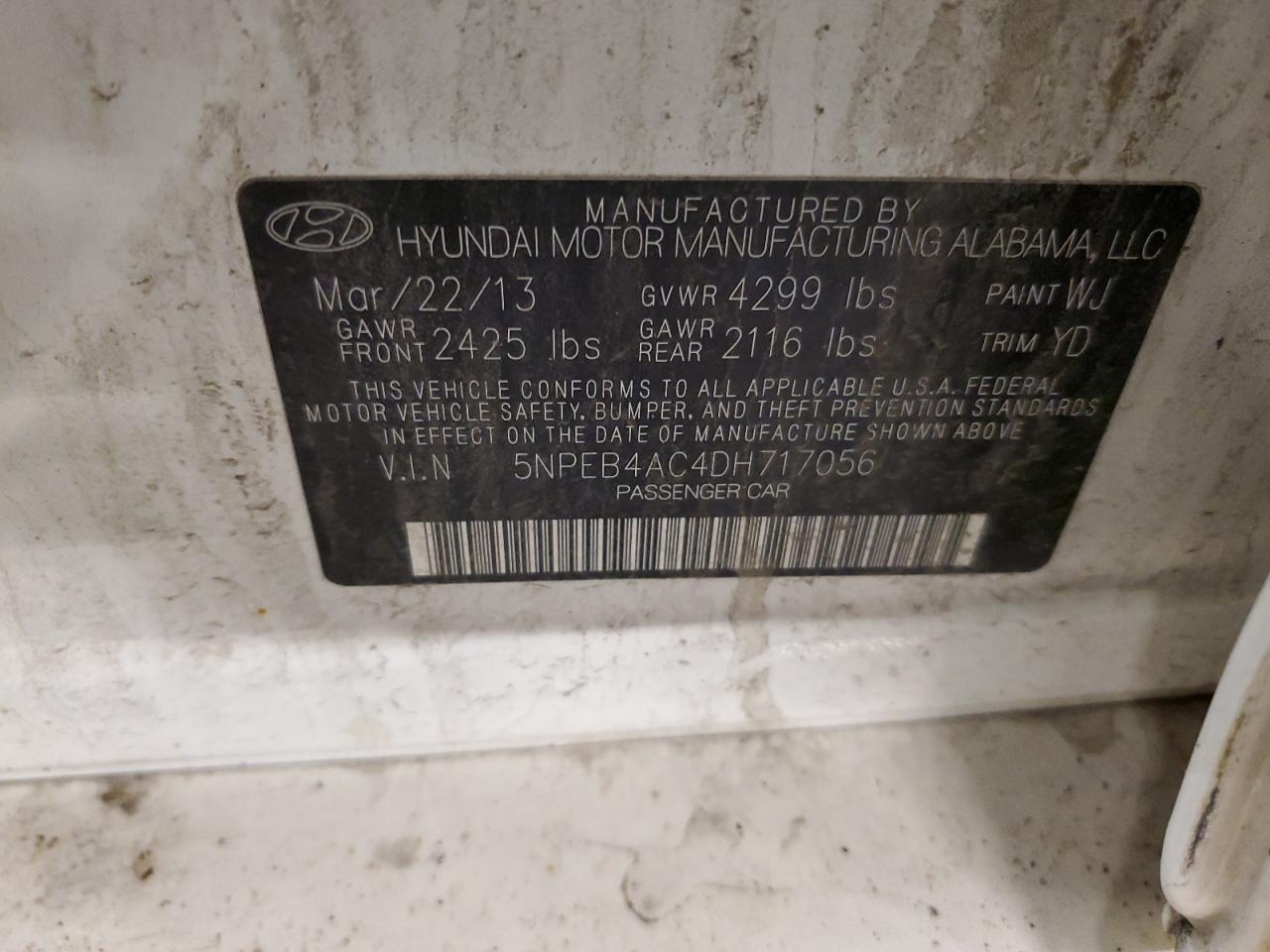 2013 Hyundai Sonata Gls VIN: 5NPEB4AC4DH717056 Lot: 69882555