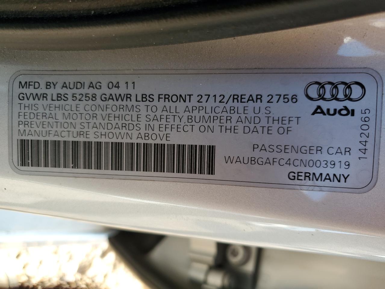 2012 Audi A6 VIN: WAUBGAFC4CN003919 Lot: 69687935