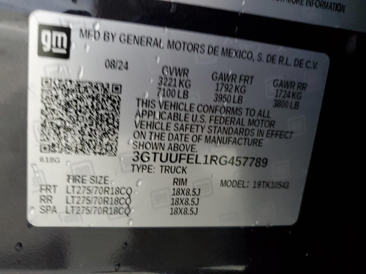 2024 GMC Sierra K1500 At4X VIN: 3GTUUFEL1RG457789 Lot: 68488585