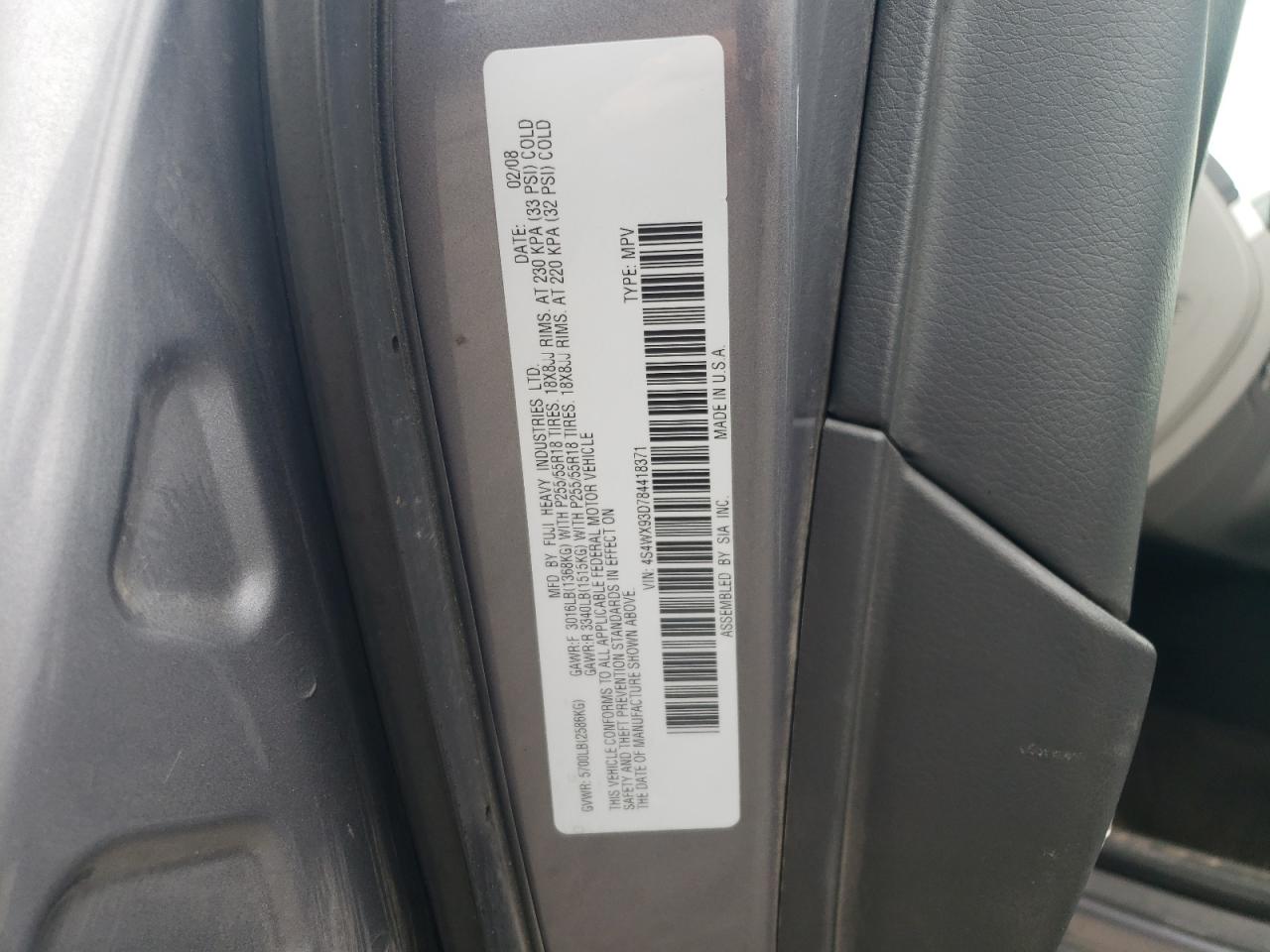 2008 Subaru Tribeca Limited VIN: 4S4WX93D784418371 Lot: 68498075