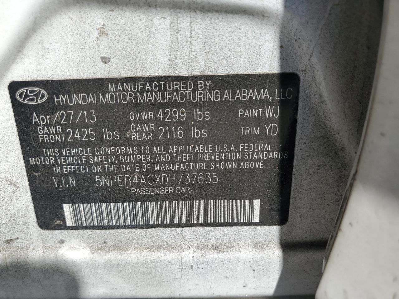 2013 Hyundai Sonata Gls VIN: 5NPEB4ACXDH737635 Lot: 69809135