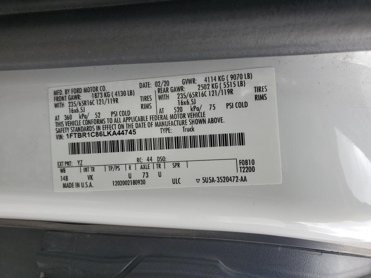 2020 Ford Transit T-250 VIN: 1FTBR1C86LKA44745 Lot: 70002605