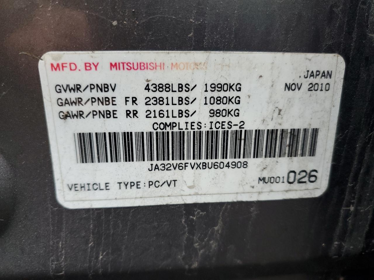 2011 Mitsubishi Lancer Ralliart VIN: JA32V6FVXBU604908 Lot: 66130115
