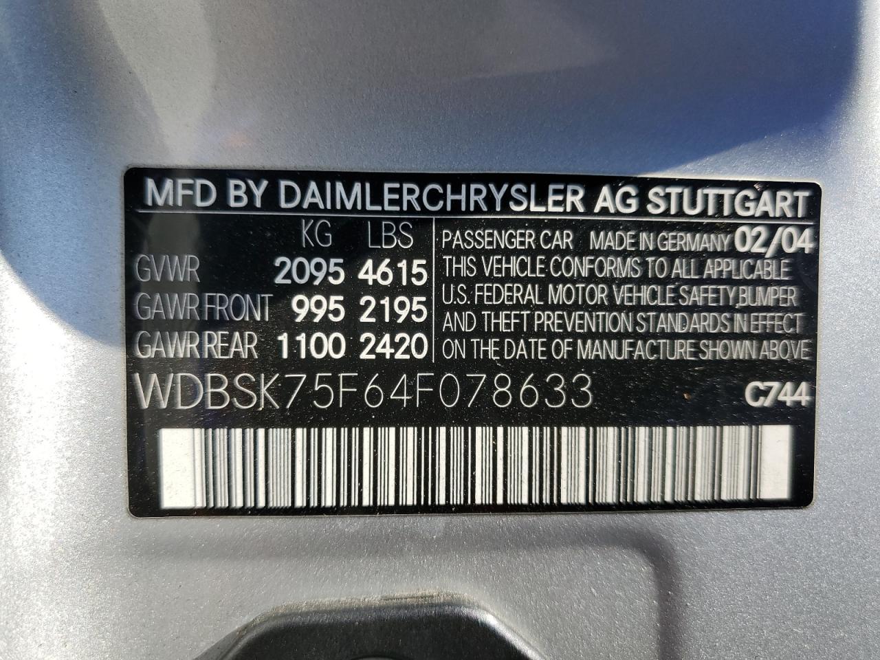 2004 Mercedes-Benz Sl 500 VIN: WDBSK75F64F078633 Lot: 67624295