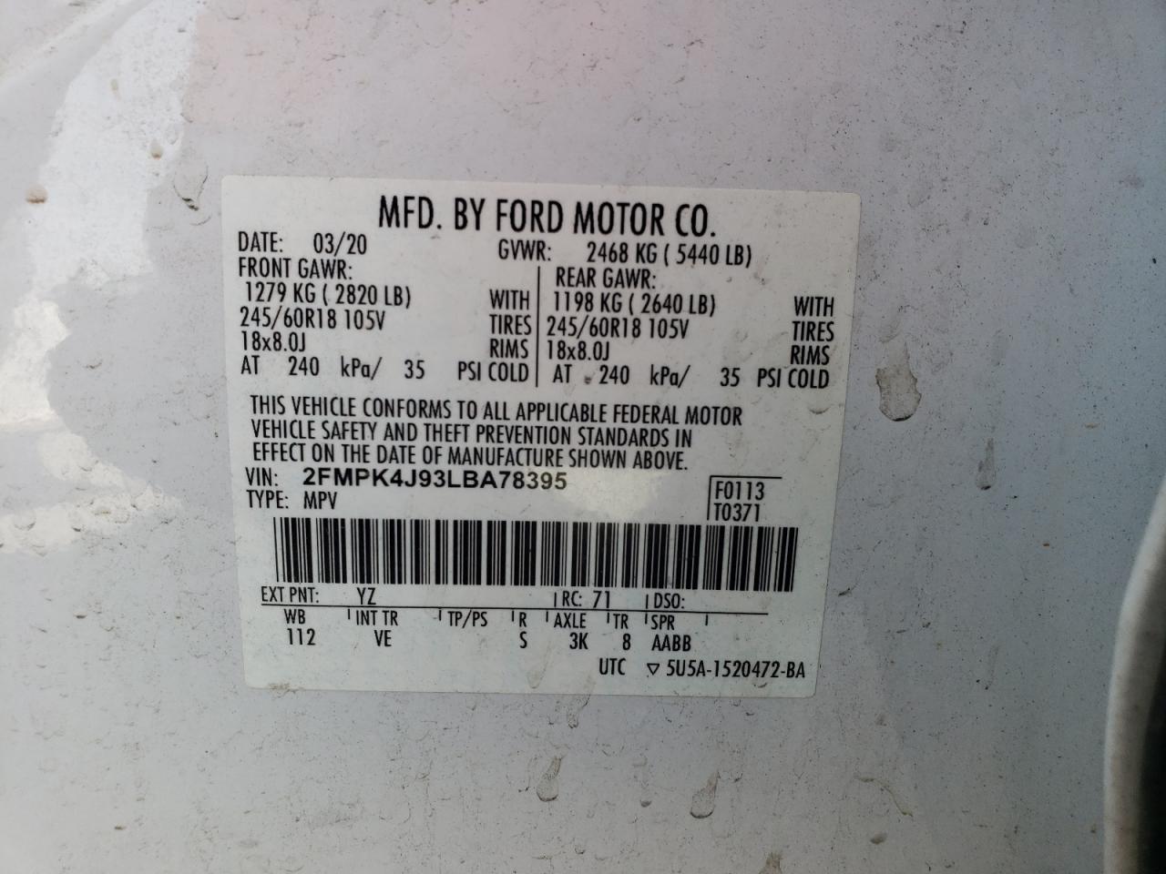 2020 Ford Edge Sel VIN: 2FMPK4J93LBA78395 Lot: 70528785