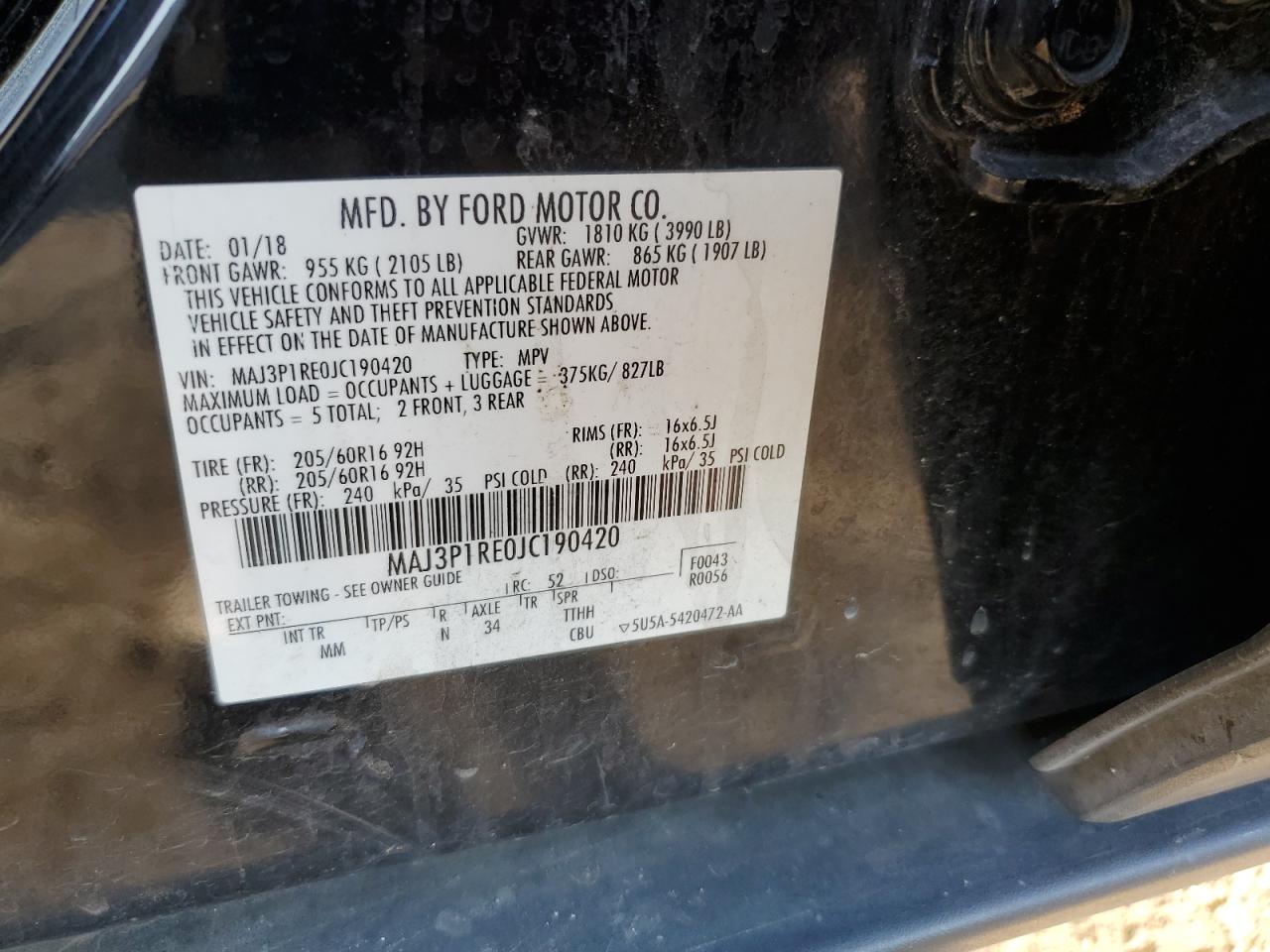 2018 Ford Ecosport S VIN: MAJ3P1RE0JC190420 Lot: 70020035