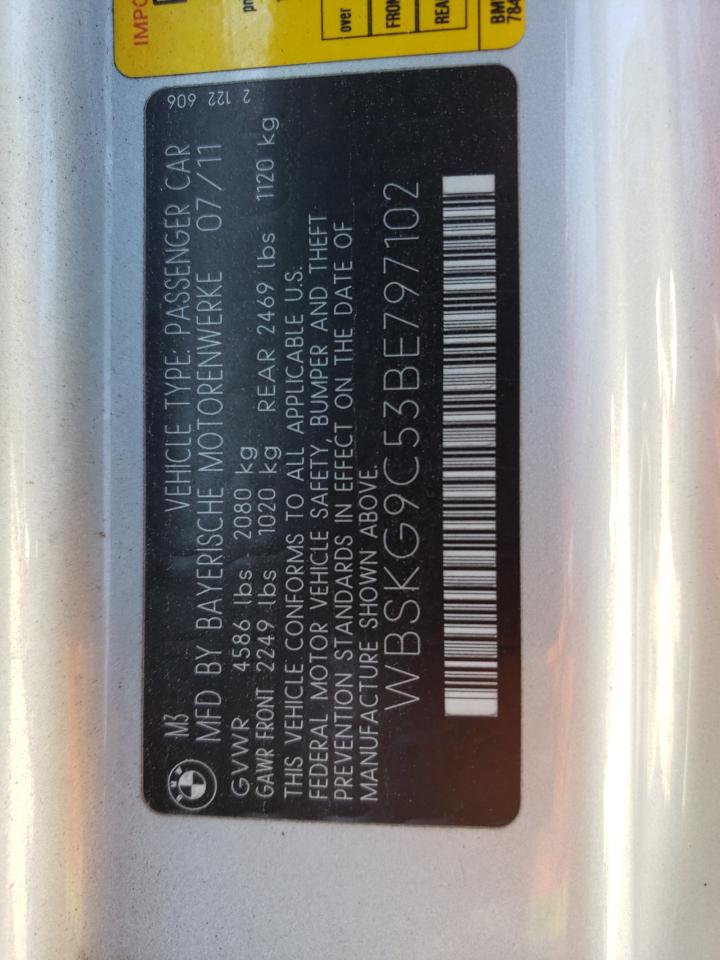 2011 BMW M3 VIN: WBSKG9C53BE797102 Lot: 84420315