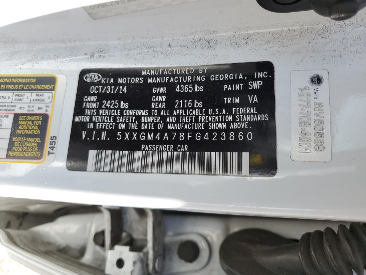 2015 Kia Optima Lx VIN: 5XXGM4A78FG423860 Lot: 69463375