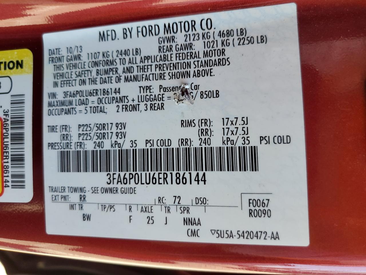 2014 Ford Fusion Se Hybrid VIN: 3FA6P0LU6ER186144 Lot: 67633675