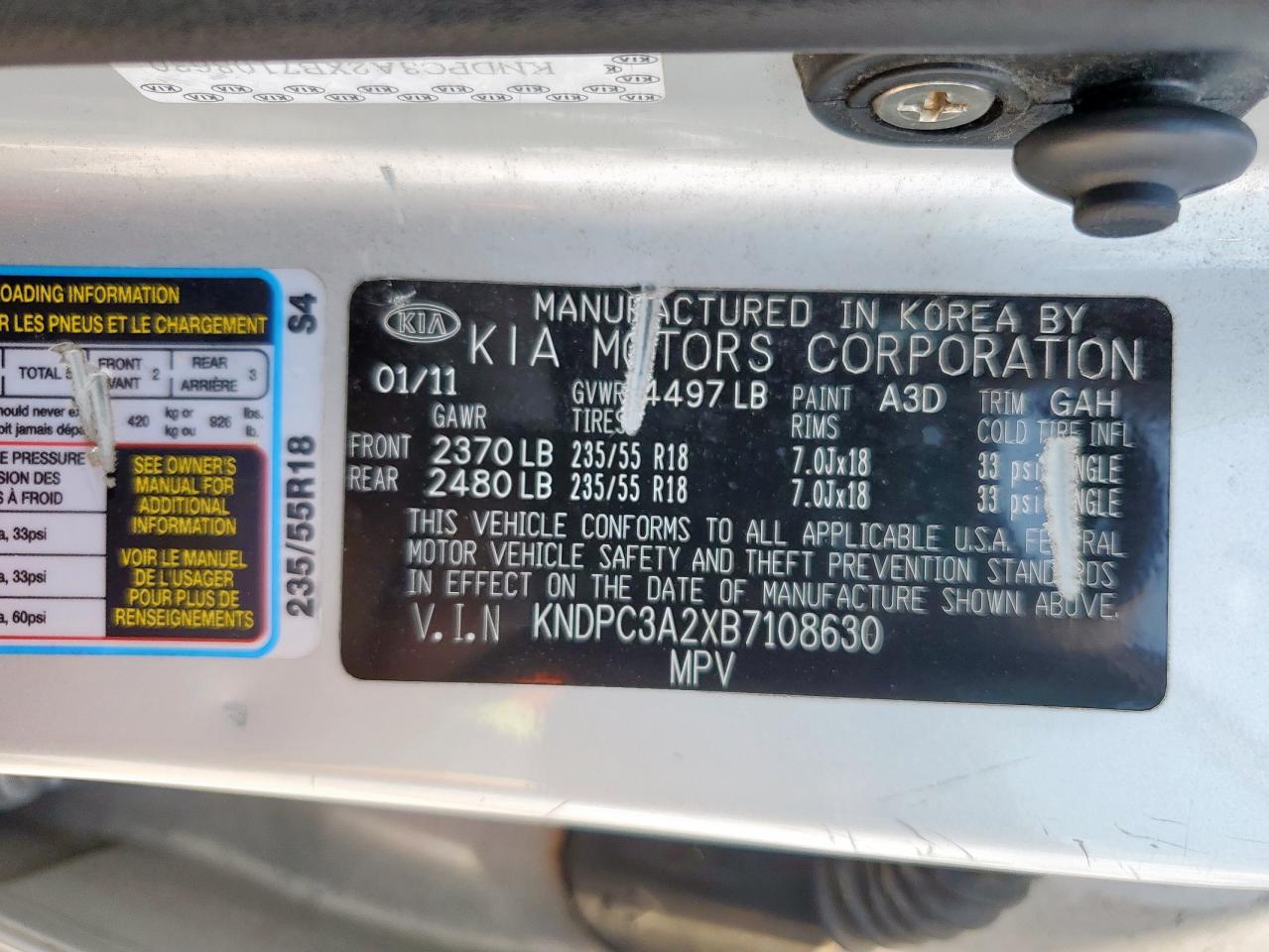 2011 Kia Sportage Ex VIN: KNDPC3A2XB7108630 Lot: 69118305