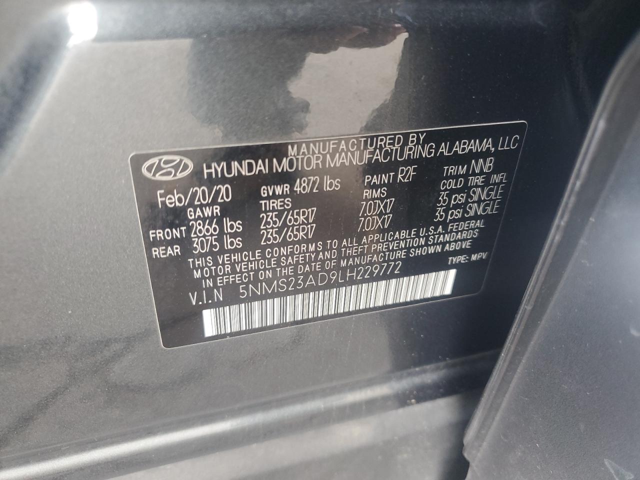 2020 Hyundai Santa Fe Se VIN: 5NMS23AD9LH229772 Lot: 69210985