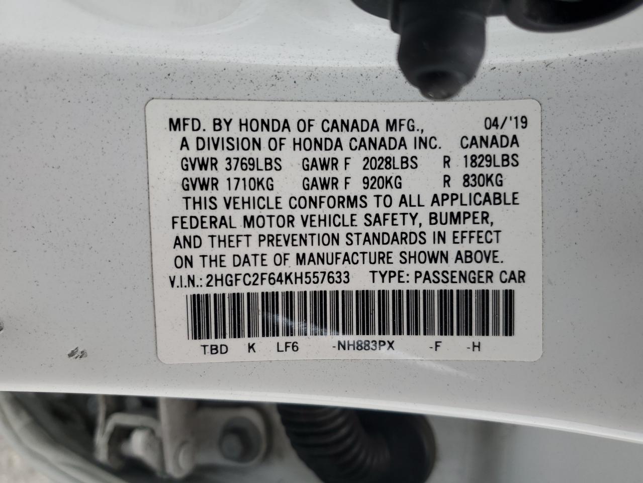 2019 Honda Civic Lx VIN: 2HGFC2F64KH557633 Lot: 68972795