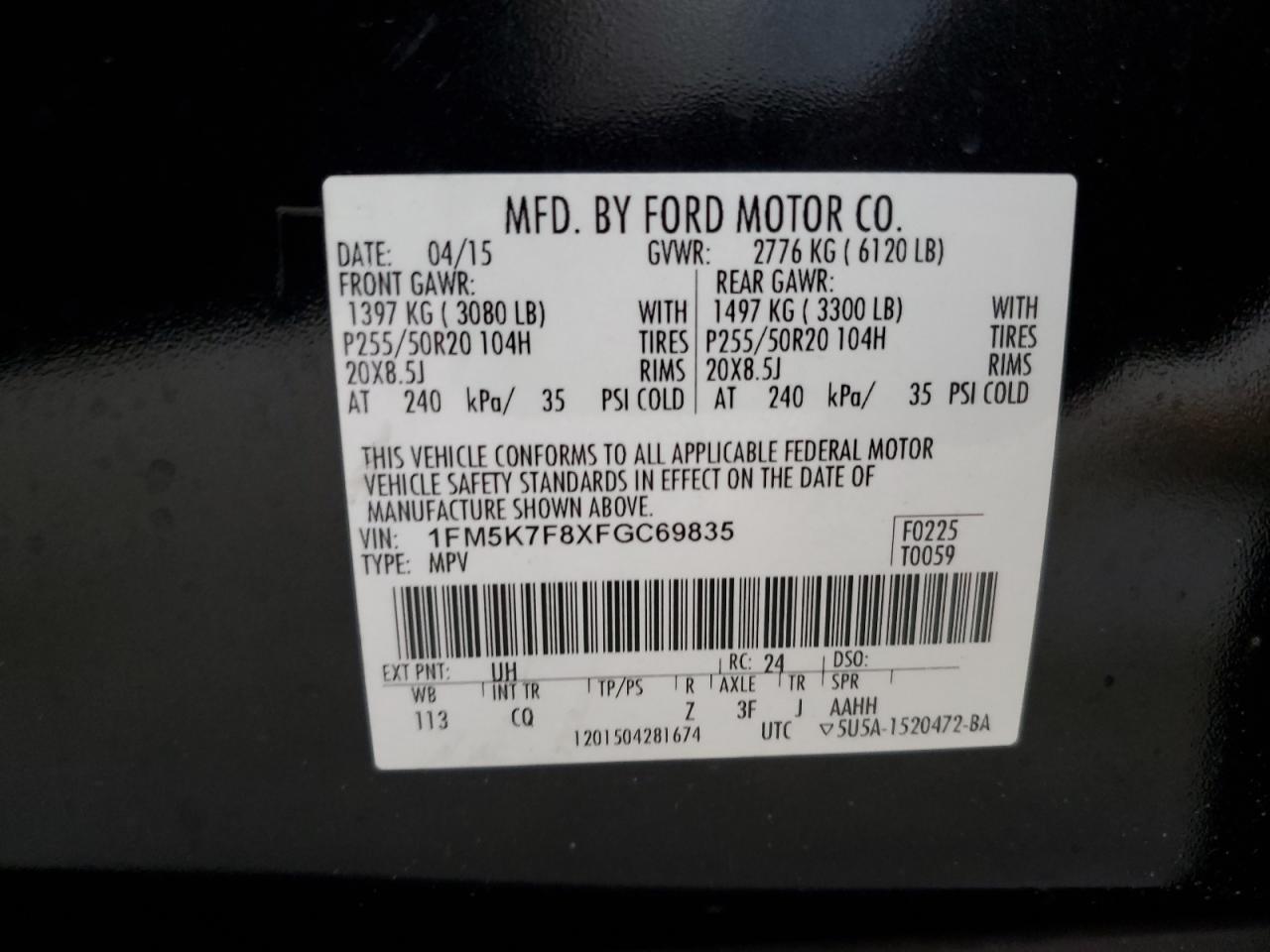 2015 Ford Explorer Limited VIN: 1FM5K7F8XFGC69835 Lot: 70092865