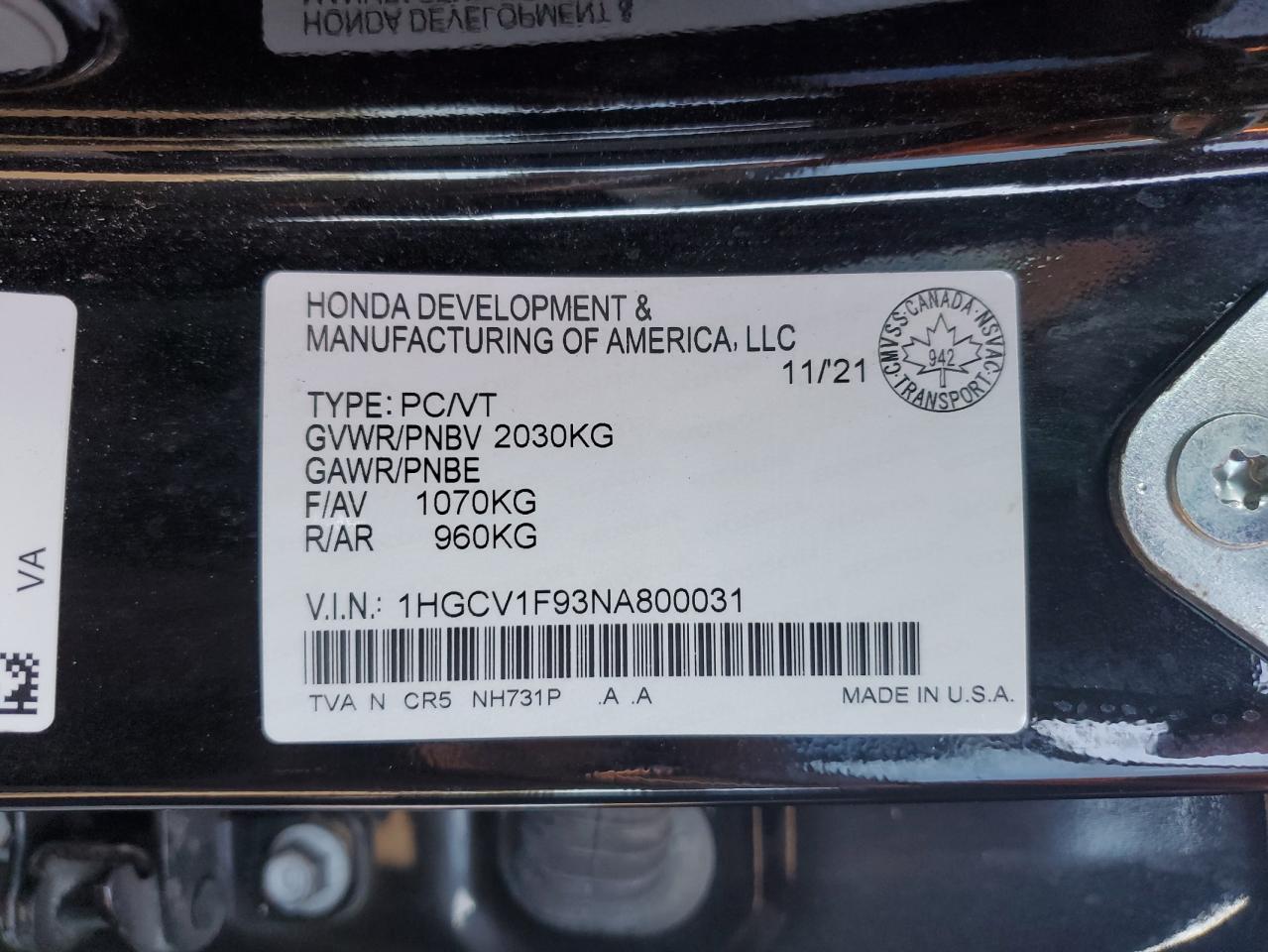 2022 Honda Accord Touring VIN: 1HGCV1F93NA800031 Lot: 70006455